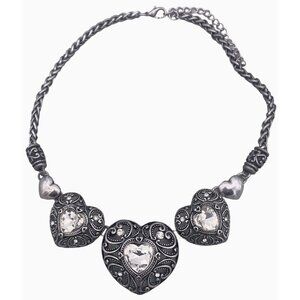 Three Filigree Hearts with Crystals Chunky Chain Necklace Lobster Closure